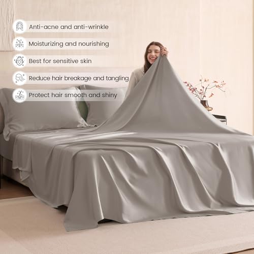 THXSILK Silk Sheet Set 4Pcs, 6A+ Top Grade 100% Natural Mulberry Silk Bed Sheets Smooth Cooling Luxury Bedding Sets Ultra Soft Durable, 1 Fitted Sheet, 1 Flat Sheet and 2 Pillow Shams (Queen, Grey) - Image 4
