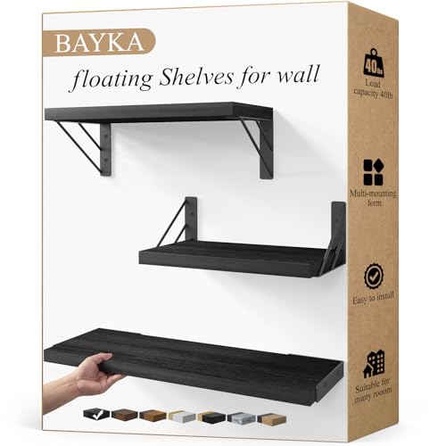 BAYKA Wall Shelves for Bedroom Decor, Floating Wall Shelves for Living Room Kitchen Storage, Wall Mounted Rustic Wood Floating Shelves for Kids Books, Corner Shelves for Bathroom, Office(Set of 3)