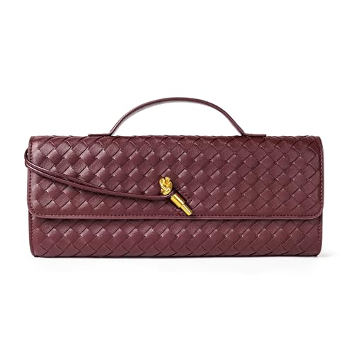 Woven Purse for Women Evening Clutch Woven Leather Handbags Crossbody Bag Formal Evening bag, Wine Woven Leather