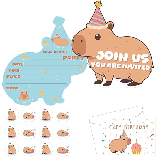 12 Set Cute Capybara Birthday Party Invitation Cards with Envelopes and Stickers Themed Invitations Set for Boys Girls Youth Celebration and Family Gatherings