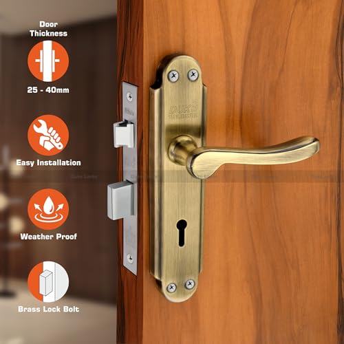 Image of Duke Stainless Steel Mortice Door Lock Set 2003 BA KY for Main Door, Kitchen, Bedroom, Office, Brass Lock Body with Premium Design and 3 Keys Brass Antique Color 190 MM (8 INCH)