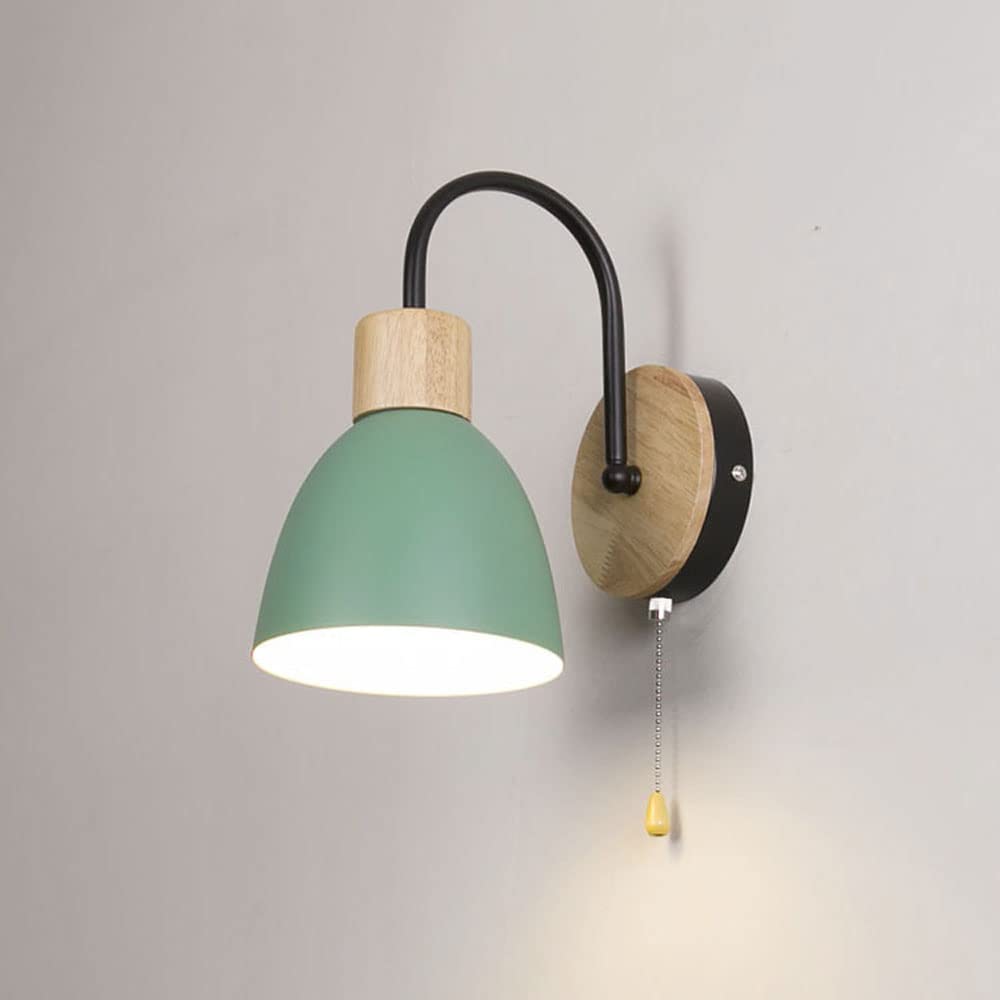 HYJAUSXB Modern Nordic Hardwired Wall Light - Wood Lamp with Pull Chain Switch Bedroom Bedside Headboard Lighting Mount Lights for Study Room, Hallway, Foyer (Black-Green) (BlackBlue)