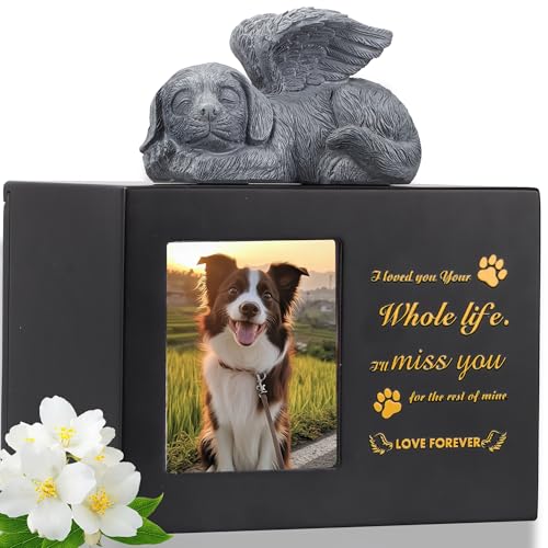 DiDiBirDi Urnas de animales para perros, caja de cremación para mascotas, urnas negras de madera para cenizas, incluye una estatua de perro de resina y una bolsa de terciopelo para guardar las cenizas