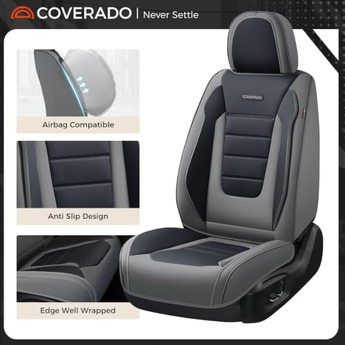 Image of Coverado Car Seat Covers Front, Seat Covers for Cars, Waterproof 2-Pack Car Seat Cushions, Leather Carseat Seat Protectors, Universal Seat Covers Fit for Most Sedans SUV Pick-up Trucks(Gray&Black)