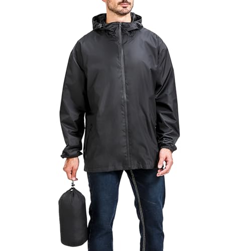 Men's Packable Rain Jacket Waterproof Outdoor Classic Lightweight Raincoat Hooded Windbreaker