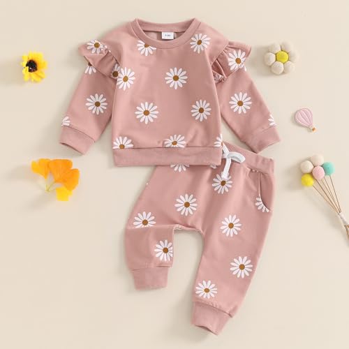 Karwuiio Toddler Baby Girl Fall Outfit Long Sleeve Bow Print Sweatshirt Elastic Waist Pants Fall Winter Clothes Set2