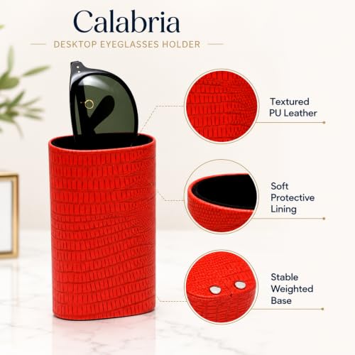 Image of Calabria Desktop Eye Glasses Holder Soft Lining Weighted Base Eyeglasses Stand Case Desks Nightstands PU Leather Mens Womens