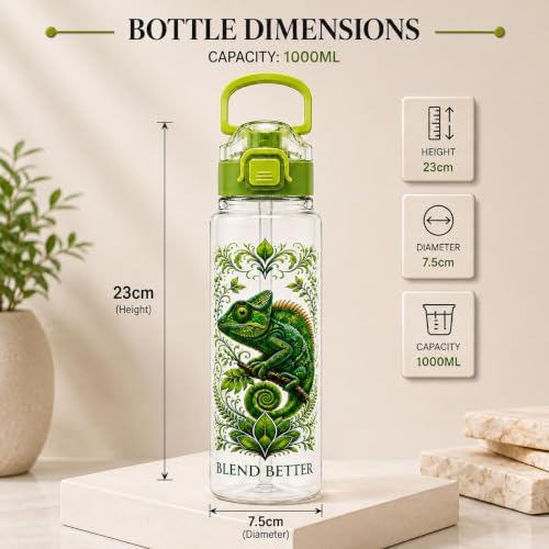 Image of Blend Better Chameleon Printed Water Bottle 1 Litre with Straw & Gulp Drinking