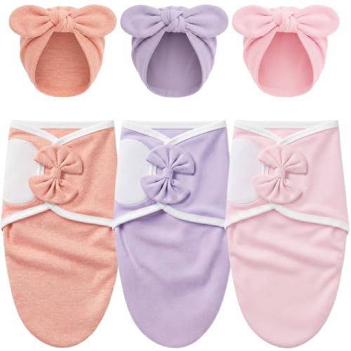 Image of DRESHOW BQUBO 3 Pack Newborn Baby Swaddle Blanket with Hats Infant Adjustable Velcro Swaddling Wraps with Bear Ears Cap for 6-12 Lbs Newborns & 0-3 Months Girls Boys
