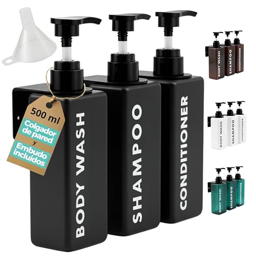 FCINNOVA Dispensador Gel y Champu Ducha Negro Mate 500ml | Set 3 Botes para Gel y Champu + Acondicionador + Embudo Rellenado + 3 colgadores Pared | Dispensador Jabon Baño Pared Elegante y Sostenible FCINNOVA Dispensador Gel y Champu Ducha Negro Mate 500ml | Set 3 Botes para Gel y Champu + Acondicionador + Embudo Rellenado + 3 colgadores Pared | Dispensador Jabon Baño Pared Elegante y Sostenible