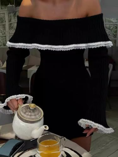 chouyatou Women's Off The Shoulder Bell Long Sleeve Sweater Mini Dress Lace Trim Bodycon Ribbed Knit Sweater Dress2
