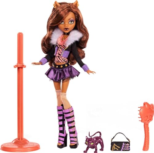 ​Monster High™ Clawdeen Wolf Reproduction Doll (10.5 in) Wearing Original Fashion & Shoes, with Pet, Doll Stand & Accessories, Gift for Collectors
