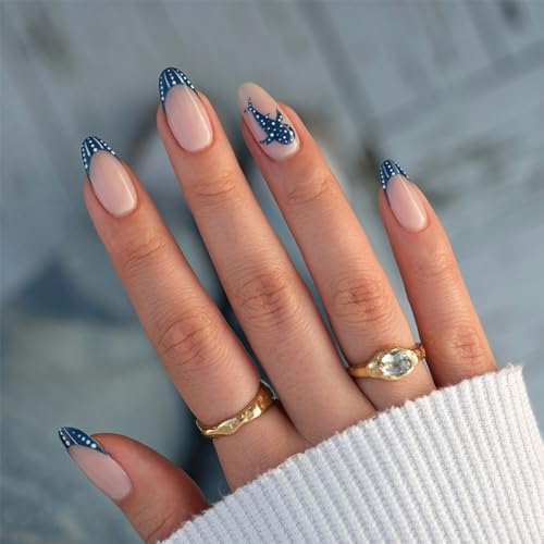 French Tip Press on Nails Almond Medium Fake Nails with Shark Designs Cute Glue on Nail Blue Ocean Acrylic False Nails Reusable Full Cover Artificial Stick on Nail for Women Manicure 24Pcs