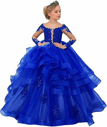 Long Sleeve Ball Gown Flower Girl Dresses Appliques Tulle Princess Pageant Prom Dress for Kids
