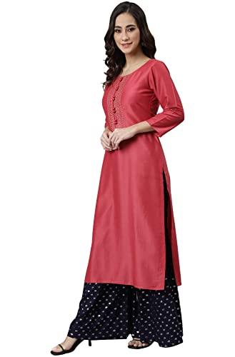 Image of Janasya Women's Pink Poly Silk Embroidered Straight Kurta