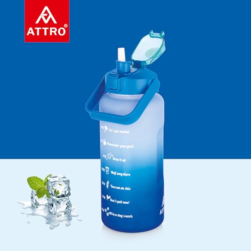 Image of ATTRO Motivational 2 Liter Quotes & Time Marker Dual Colour Sports Bottle With Easy to Carry Handle & Straw BPA Free, Leak Proof for Gym, Office, Workout- Blue Sky Blue, Plastic