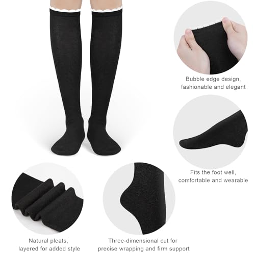 4 Pairs Womens Knee High Socks with Elegant Ruffle Bubble, White Black School Opens Birthday Gifts for Ladies Girls2