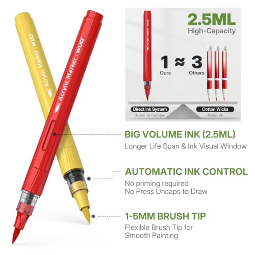 Image of WUO 48 Colors Acrylic Paint Markers Brush Tip with Automatic Ink Control | Water-based, no-bleed, waterproof acrylic paint pens for rock, wood, canvas, glass, ceramic, fabric and DIY crafts