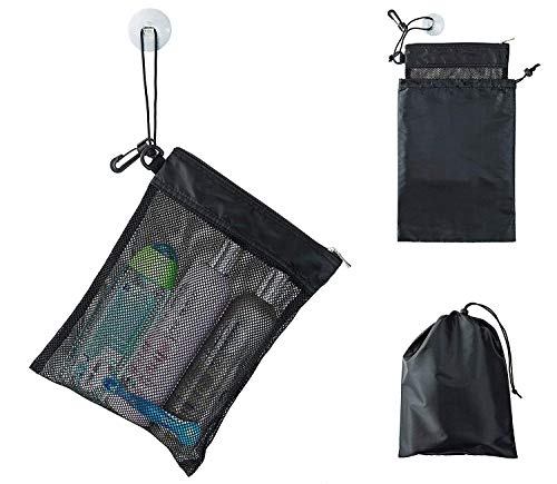 Shower Bag Tote Mesh Caddy Toiletry Organizer 12L x 9W Compact and Lightweight With Suction Cup Cord for Hanging Zipper and Drawstring Pouch 14L x 10W Black