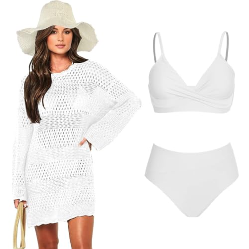 QZUnique Women Crochet Cover Up with Bikini Straw Hat Beach Cover Up Swimwear Bathing Suit Coverups Long Sleeve Tunic Tops