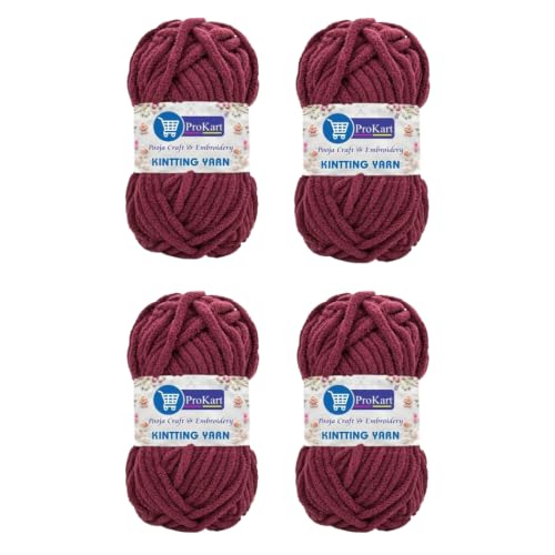 Image of ProKart Premium Blankie Wool, Plush & Cuddly, Chenille Yarn Supersoft Hand Knitting Wool Ball | Blanket Thick /Mottu Yarn Ball Suitable for Hand Knitting and Crocheting for Baby, Adult, Sweaters, caps, Throws, Home Furnishing, Scarves, Blankets (Maroon, 100gms x 4 Pack)