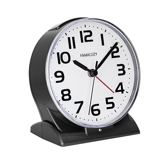 FAMICOZY Automatically Backlighted Alarm Clock,Silent No Ticking for Seniors Vision Impaired,Easy to Set,Big Numbers,Ascending Alarm,Gentle Wake,Snooze,2 AA Battery Operated,Black