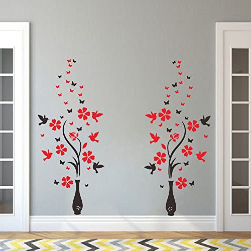 Anfrjji Vase Flower And Bird Wall Decal - 3D Pvc Removable Wall Sticker With Flying Butterflies And Tree Branch - Effect 35"X31" - Living Room And Bedroom Decor Jwh184 (Black Vase+Red Flower) #TOP4