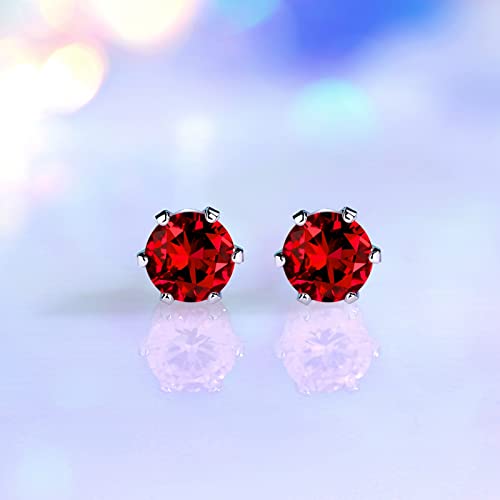 925 Sterling Silver Red Stud Earrings For Women Girls, Hypoallergenic Small Birthstone Earrings, Halo Simulated Cubic Zirconia Diamond Earrings For Sensitive Ears Christmas Gifts (January) #TOP3