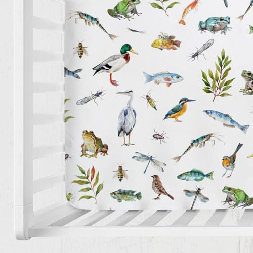 Image of Wildlife Pond Baby Crib Sheets 52''x28'' Wild Animals Frogs Duck Fish Bird Weeds Snug Fitted Crib Mattress Cover for Boy Girl Fishing Hunting Soft Nursery Bed Sheet for Standard Crib Toddler Mattress
