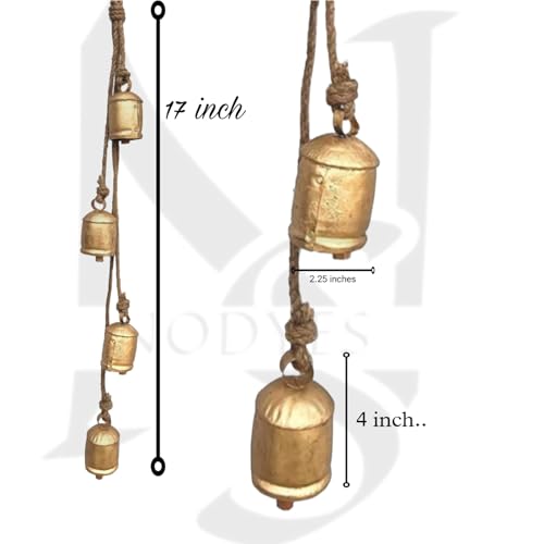 Shabby Chic Bells Set of 4 Hanging Metal Tibetan Inspired Meditation Decorative Cow Bell with Jute Rope Vintage Handmade Lucky Rustic Metal Tranquil Wind Chimes Wall Hanging Decor Gift