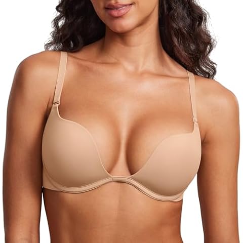 DOBREVA Women's Plunge Bra Deep V Sexy Underwire Low Cut Bras T Shirt Cleavage Lightly Padded Natural 36C Cover