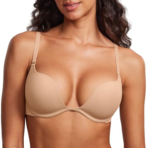 Image of DOBREVA Women's Plunge Bra Deep V Sexy Underwire Low Cut Bras T Shirt Cleavage Lightly Padded