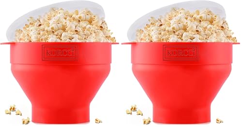 Image of The Original Korcci Microwaveable Silicone Popcorn Popper, Microwave Popcorn Popper, Collapsible Microwave Popcorn Maker Bowl, No Oil Required, Use In Microwave, Dishwasher Safe (Red) (Pack of 2)