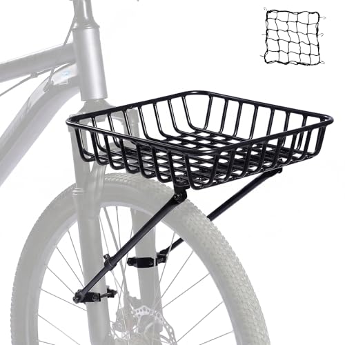 YONTUO Front Bike Basket Rack Aluminum Bicycle Front Rack with Adjustable Struts Compatible with Suspension Fork & Ebike for 26-29 Bikes Includes Cargo Net