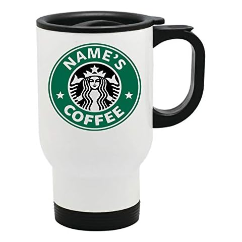 Personalised White Metal Travel Mug Cup. Your Name Printed Mug Coffee Tea Cup. (15oz White Travel Mug) by CiderPressMugs® Cover