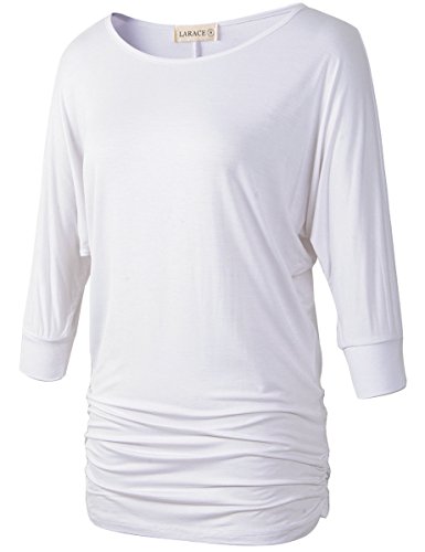 Lanmo Womens Dolman Sleeves Drape Tops Solid Side Shirring Jersey Tee(2X, White)