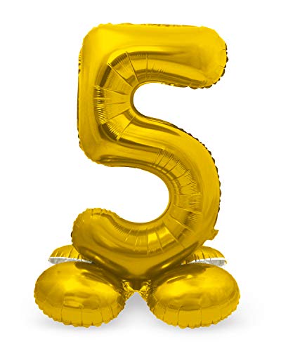 Folat 64705 Globo de Aluminio con Base Número Figura 5 color dorado 86 cm   decoración globos de helio para cumpleaños, aniversario