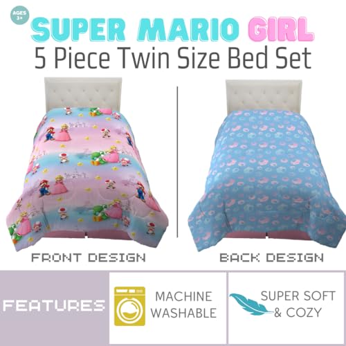 Image of Super Mario Girl Princess Peach Girl Gamer Kids Bedding Super Soft & Cozy Reversible Microfiber Comforter and Sheet Set with Sham, 5 Piece Twin Size, (Officially Licensed Product) By Franco
