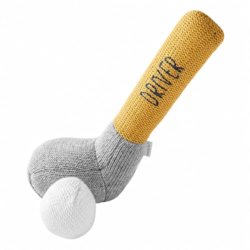 Image of Mud Pie Yellow Golf Club Knit Rattle, Soft Baby Rattle Toy with Attached Golf Ball