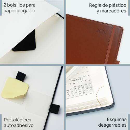 POPRUN Agenda 2026 Semana Vista en Español, Calendario A4 con Intervalos de 15 Minutos, 2 Páginas por Semana con Cubierta Blanda de PU (Poliuretano), Morado - imagen 6