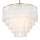 TOCHIC Capiz Shell Chandelier, 6-Light Chandeliers for Dining Room, Gold Coastal Chandelier with Natural Shells, Round Boho Light Fixtures for Bedroom, Living Room, Kitchen and Foyer, W-23.62