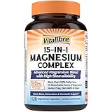 Vitalibre 15 in 1 Magnesium Complex Supplement 510mg | Maximum Absorption Glycinate, Malate, Taurate, Citrate and More for Bones, Heart, Recovery, Energy | Non-GMO, 120 Capsules