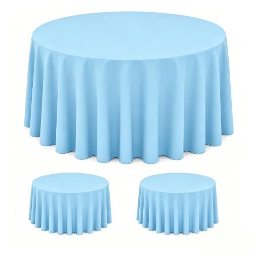 Image of WNINK 2 Pack Light Blue Round Tablecloth, 84 Inch Disposable Plastic Table Covers, Light Blue Round Table Cover for Birthday Parties, Holiday, Picnic, BBQ, Family Gathering Party Supplies