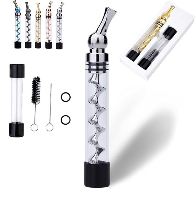 Portable Easy-to-Clean Twisted Glass Blunt Pipe,Twisty Glass Blunt Pipe with Adjustable Chamber,Glass Twisty Blunt with Swivel Head Built-in Grinder,Compact Design (Silver)