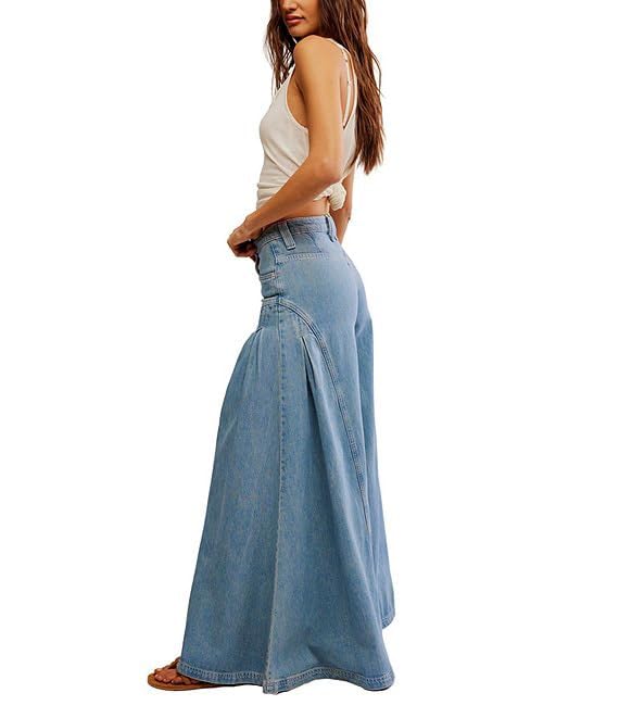 Women Bell Bottom Jeans High Waist Stretch Wide Leg Baggy Flared Pleated Vintage Casual Loose Denim Pants3