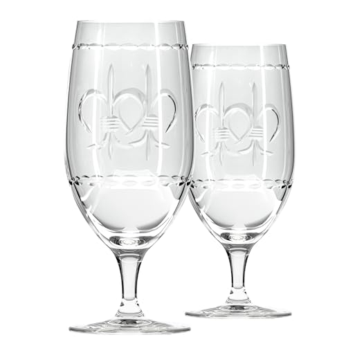 Rolf Glass Fleur De Lis Iced Tea Glass | 16oz Set of 2 Glasses | Lead-Free Diamond-Wheel Engraved Glassware | Made in the USA