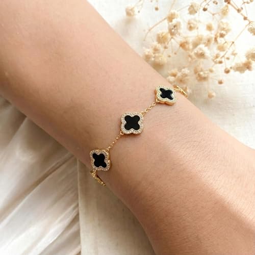Image of Billet-doux 14k Gold Plated Clovers Bracelet with Sparkling Cubic Zirconia Stones, Non-Tarnish Gold Plated Four Leaf Clover Bracelet, Mother's Day Jewelry Gifts for Women