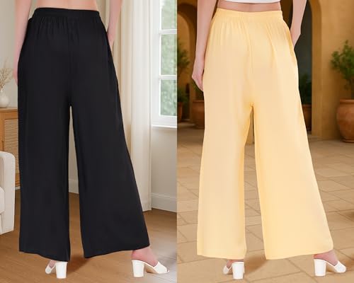 Image of Buy That Trendz Palazzo Pants for Women Cotton Rayon Elasticated Regular Fit Flared Wide Leg M to 6XL Pack of 2