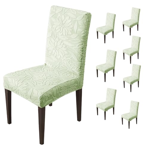 Image of House of Quirk Stretchy Universal Camellia Jacquard Waterproof Chair Cover Removable & Washable Short Dining Chair Cover Protector Seat Slipcover (Green,Pack of 8)