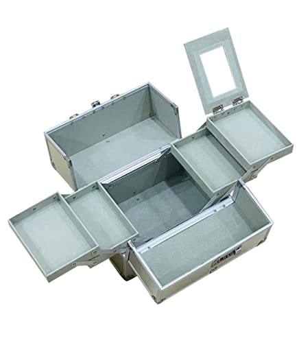 Image of Adson Professional Beauty Make Up Cosmetic Vanity Box /Case 4 Trays with Mirror (Metallic Silver)